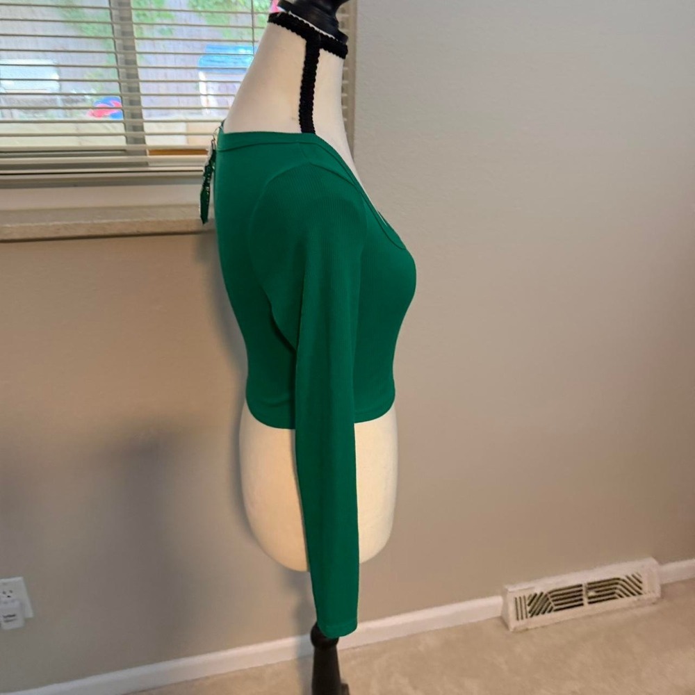 Emerald Green Ribbed Long Sleeve Crop Top NWT XS Color Pop Basic - Picture 3 of 8